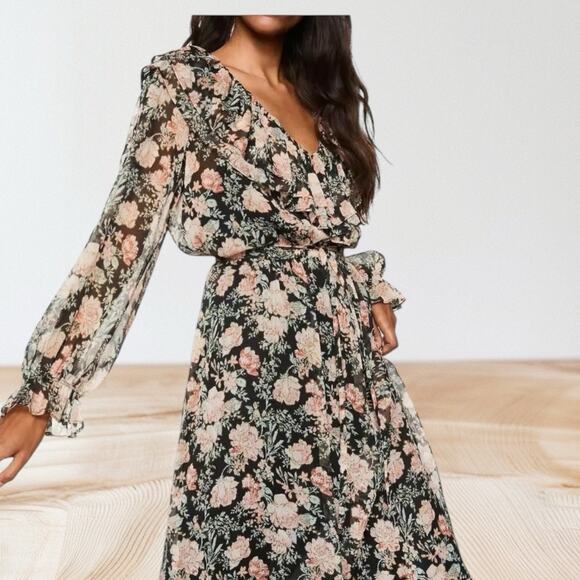 Mango MNG Maxi Dress Sz 8 Black Floral Print Ruffles Sheer Romantic Fairy Core - Picture 1 of 15